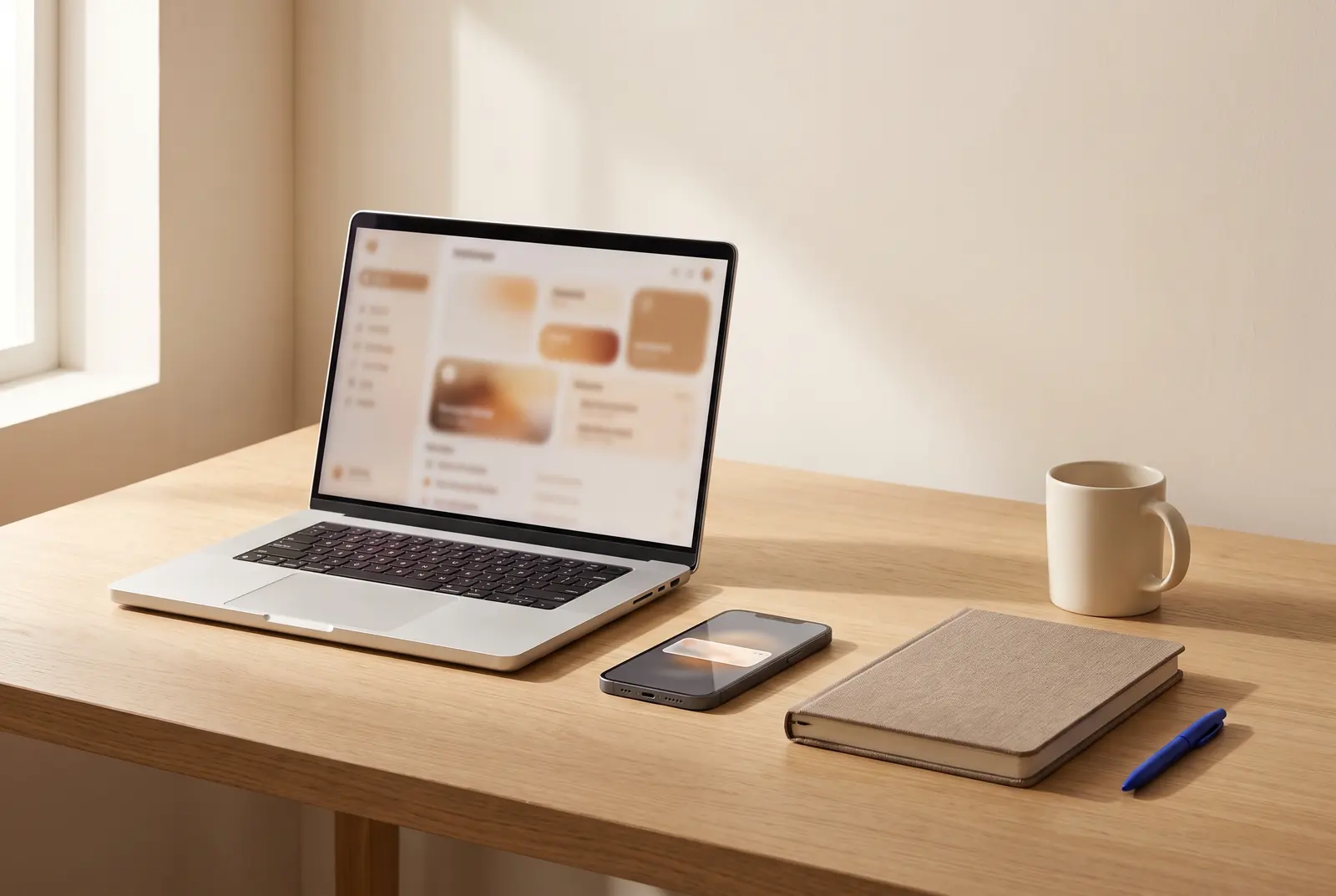 A tidy timber desk with a laptop and a phone showing a new enquiry coming in